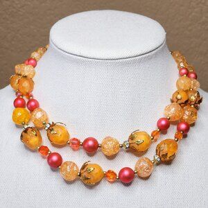 Vintage DEAUVILLE Signed Beaded Layered Necklace Orange Red Chunky Choker Retro